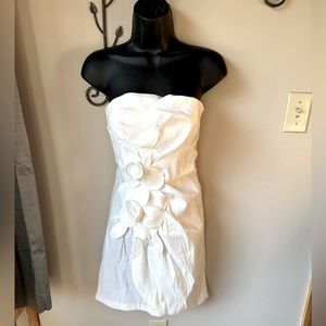 Strapless white sheath dress. Stretchy taffeta type material.